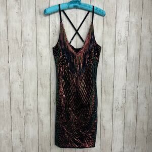 Gold Green Metallic Sequined Dress Bodycon Flapper Style Gatsby Party Small